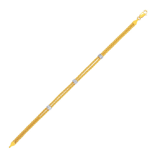 Size: 7.25'' - 14k Two-Tone Gold Dual Wheat Chain Bracelet with Diamond Stations (.02 cttw)